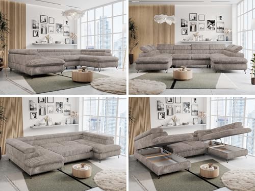 MKS MEBLE Cord Sofa U-Form Grau, Wohnlandschaft U-Form, Sofa mit Schlaffunktion und Bettkasten, Schlafsofa mit Bettkasten, Couch mit Verstellbare Kopfstützen - Peter U - Grau Cord von MKS MEBLE