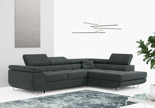 MKS MEBLE Ecksofa Grau Wohnzimmer - Wohnlandschaft - Schlafsofa mit Bettkasten - Ecksofa mit Schlaffunktion - Wohnzimmer L Couch - Polstersofa mit Bettkasten - Gustaw - Dunkelgrau - Rechts von MKS MEBLE
