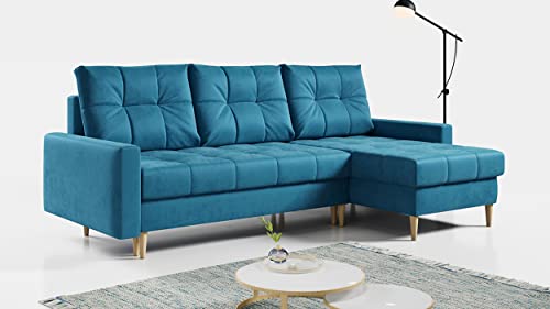 MKS MEBLE Ecksofa - L-Form Sofa mit Schlaffunktion - Wohnlandschaft L Form, Ecksofa mit Schlaffunktion und Bettkasten, Schlafsofa mit Bettkasten, Couch mit Schlaffunktion - Blau Astra von MKS MEBLE