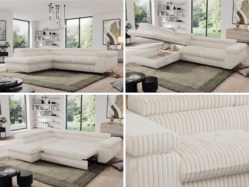MKS MEBLE Cord Sofa L, Wohnlandschaft L-Form mit Schlaffunktion und Bettkasten, Schlafsofa mit Bettkasten, Ecksofa, Sofa mit Einstellbare Kopfstützen, Pedro L - Beige Cord - Links von MKS MEBLE
