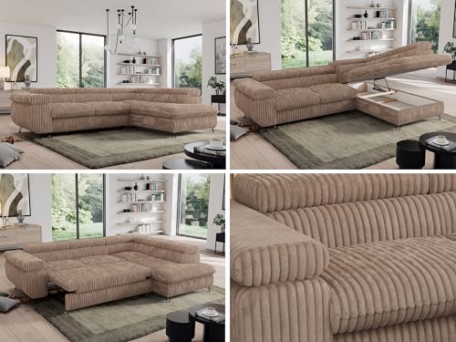 MKS MEBLE Cord Sofa L, Wohnlandschaft L-Form mit Schlaffunktion und Bettkasten, Schlafsofa mit Bettkasten, Ecksofa, Sofa mit Einstellbare Kopfstützen, Pedro L - Braun Cord - Rechts von MKS MEBLE