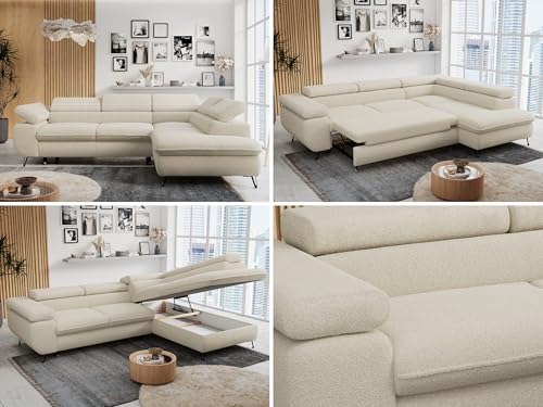 MKS MEBLE Ecksofa Sofa Beige, Wohnlandschaft L-Form mit Schlaffunktion und Bettkasten, Schlafsofa mit Bettkasten, Sofa mit Einstellbare Kopfstützen, Peter L - Beige Boucle - Rechts Beige von MKS MEBLE