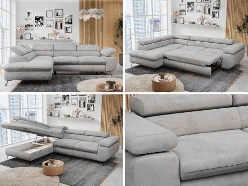 MKS MEBLE Ecksofa Sofa Grau, Wohnlandschaft L-Form mit Schlaffunktion und Bettkasten, Schlafsofa mit Bettkasten, Sofa mit Einstellbare Kopfstützen, Peter L - Hellgrau Velvet - Links Grau von MKS MEBLE