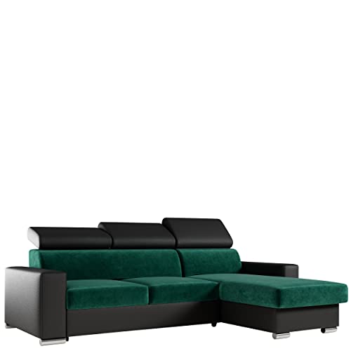 MKS MEBLE Ecksofa Wohnzimmer - Wohnlandschaft - L-Form Couch mit Schlaffunktion - Bettsofa - Wohnzimmer L Couch - Polstersofa mit Bettkasten - Fox Grün Schwarz von MKS MEBLE