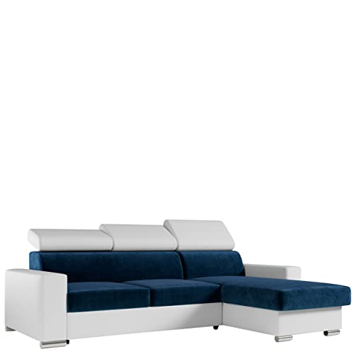 MKS MEBLE Ecksofa Wohnzimmer - Wohnlandschaft - L-Form Couch mit Schlaffunktion - Bettsofa - Wohnzimmer L Couch - Polstersofa mit Bettkasten - Fox Marineblau Weiß von MKS MEBLE