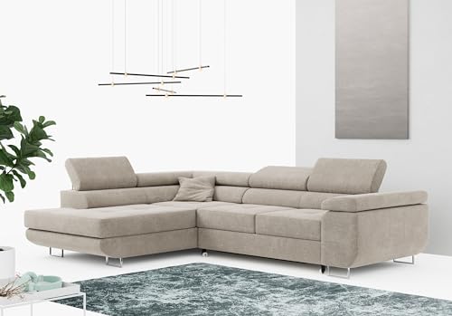 MKS MEBLE Ecksofa Wohnzimmer - Wohnlandschaft - L-Form Couch mit Schlaffunktion - Bettsofa - Wohnzimmer L Couch - Polstersofa mit Bettkasten - Gustaw - Beige - Links von MKS MEBLE