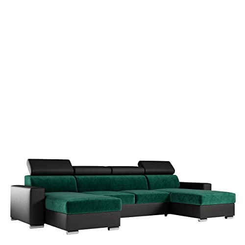 MKS MEBLE Ecksofa Wohnzimmer - Wohnlandschaft - U-Form Couch mit Schlaffunktion - Bettsofa - Wohnzimmer U Couch - Polstersofa mit Bettkasten - Fox U Grün Schwarz von MKS MEBLE