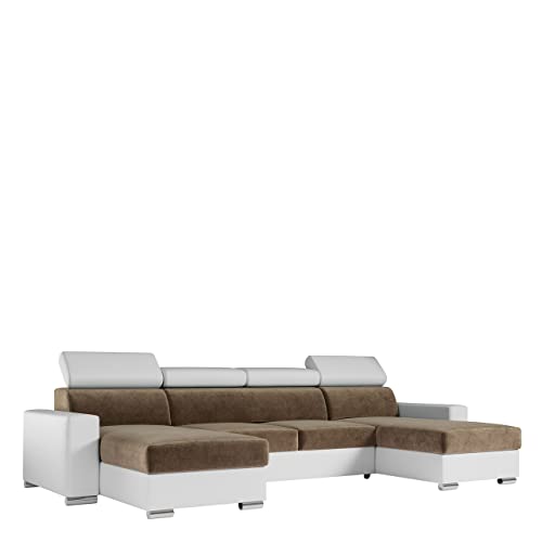 MKS MEBLE Sofa U Form Wohnlandschaft Mit Schlaffunktion, XXL Couch, Polstersofa Mit Bettkasten - Fox U Hellbraun Weiß Monolith von MKS MEBLE