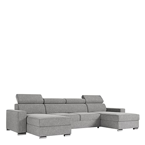 MKS MEBLE Ecksofa Wohnzimmer - Wohnlandschaft - U-Form Couch mit Schlaffunktion - Bettsofa - Wohnzimmer U Couch - Polstersofa mit Bettkasten - Fox U Hellgrau von MKS MEBLE