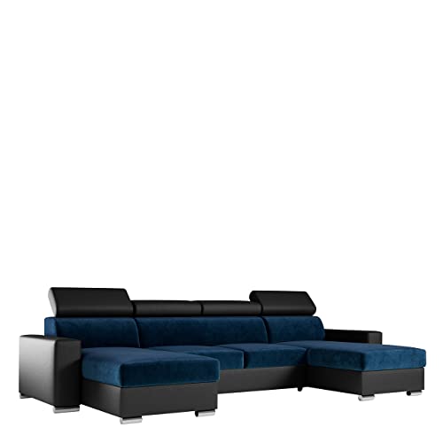 MKS MEBLE Ecksofa Wohnzimmer - Wohnlandschaft - U-Form Couch mit Schlaffunktion - Bettsofa - Wohnzimmer U Couch - Polstersofa mit Bettkasten - Fox U Marineblau Schwarz von MKS MEBLE