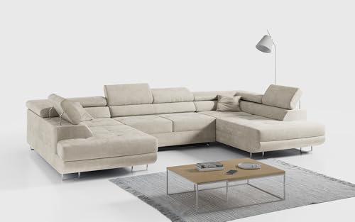 MKS MEBLE Ecksofa Wohnzimmer - Wohnlandschaft - U-Form Couch mit Schlaffunktion - Bettsofa - Wohnzimmer U Couch - Polstersofa mit Bettkasten - Gustaw U Dunkelcreme Paros von MKS MEBLE