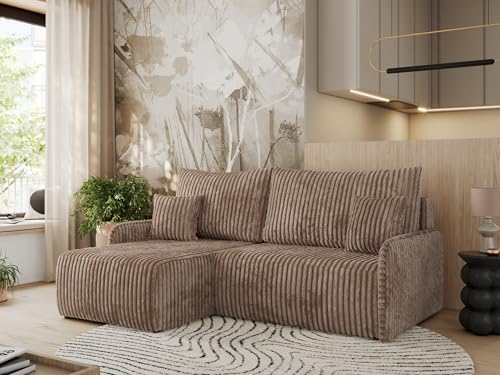 MKS MEBLE Ecksofa mit Schlaffunktion, Sofa L-Form, Schlafsofa mit Bettkasten, Bettsofa - Braun Cord - Arpa L - Links von MKS MEBLE