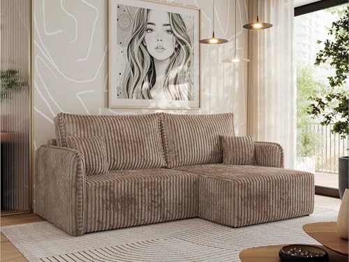 MKS MEBLE Ecksofa mit Schlaffunktion, Sofa L-Form, Schlafsofa mit Bettkasten, Bettsofa - Braun Cord - Mesto L - Rechts von MKS MEBLE
