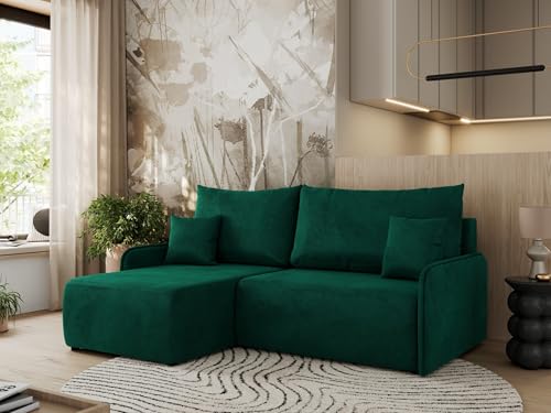 MKS MEBLE Ecksofa mit Schlaffunktion, Sofa L-Form, Schlafsofa mit Bettkasten, Bettsofa - Dunkelgrün Velvet - Arpa L - Links von MKS MEBLE