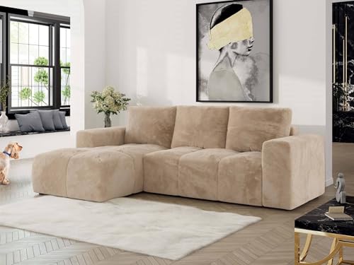 MKS MEBLE Ecksofa mit Schlaffunktion und Bettkasten, Sofa Eckcouch L-Form, Schlafsofa mit Stauraum, Polstergarnitur Wohnlandschaft mit Rückenkissen MONIVA - Beige - Plüsch - Links MKS MEBLE Ecksofa mit Schlaffunktion und Bettkasten, Sofa Eckcouch L-Form, Schlafsofa mit Stauraum, Polstergarnitur Wohnlandschaft mit Rückenkissen MONIVA - Beige - Plüsch - Links von MKS MEBLE