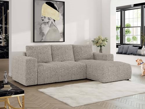 MKS MEBLE Ecksofa mit Schlaffunktion und Bettkasten, Sofa Eckcouch L-Form, Schlafsofa mit Stauraum, Polstergarnitur Wohnlandschaft mit Rückenkissen MONIVA - Beige - Strukture - Rechts von MKS MEBLE