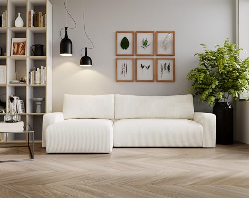 MKS MEBLE Cord Stoff, Cord Couch, Sofa mit Schlaffunktion und Bettkasten, Schlafsofa Cord, Couchgarnitur Ecke Bettcouch, Cord Stoff - Argos - Creme Cord von MKS MEBLE