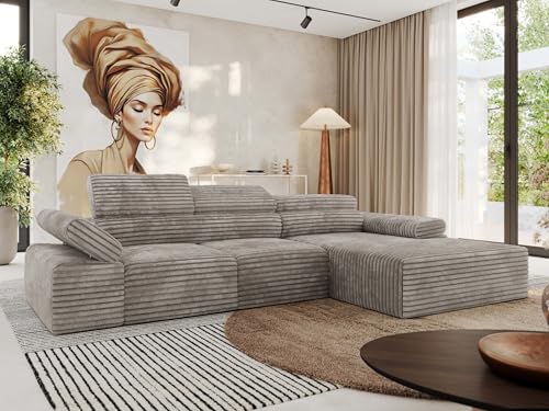 MKS MEBLE Ecksofa mit relaxfunktion elektrisch, Sofa L-Form - Rilasso - Hellbraun Cord Rechts von MKS MEBLE