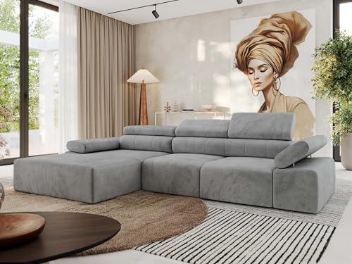 MKS MEBLE Ecksofa mit relaxfunktion elektrisch, Sofa L-Form - Rilasso - Hellgrau Velvet Links von MKS MEBLE