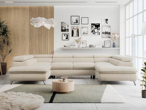 MKS MEBLE Ecksofa mit schlaffunktion, Sofa U Form, verstellbaren Kopfstützen und Zwei Bettkästen für Wohnzimmer - Peter U - Beige Boucle von MKS MEBLE