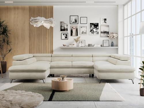 MKS MEBLE Ecksofa mit schlaffunktion, Sofa U Form, verstellbaren Kopfstützen und Zwei Bettkästen für Wohnzimmer - Peter U - Beige Velvet Hydrophob von MKS MEBLE