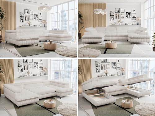 MKS MEBLE Cord Sofa U-Form Beige, Wohnlandschaft U-Form, Sofa mit Schlaffunktion und Bettkasten, Schlafsofa mit Bettkasten, Couch mit Verstellbare Kopfstützen - Peter U - Creme Cord von MKS MEBLE