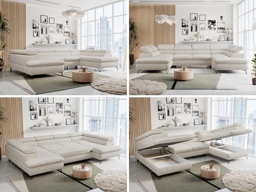 MKS MEBLE Sofa U-Form Beige, Wohnlandschaft U-Form, Sofa mit Schlaffunktion und Bettkasten, Schlafsofa mit Bettkasten, Couch mit Verstellbare Kopfstützen - Peter U - Creme Velvet von MKS MEBLE