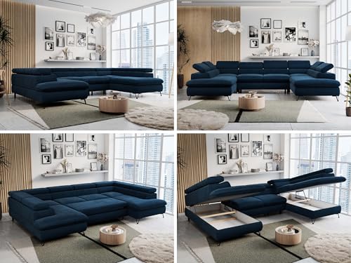 MKS MEBLE Sofa U-Form Blau, Wohnlandschaft U-Form, Sofa mit Schlaffunktion und Bettkasten, Schlafsofa mit Bettkasten, Couch mit Verstellbare Kopfstützen - Peter U - Dunkelblau Velvet Hydrophob von MKS MEBLE