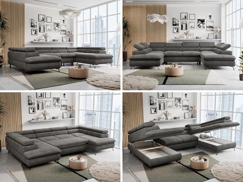MKS MEBLE Sofa U-Form Grau, Wohnlandschaft U-Form, Sofa mit Schlaffunktion und Bettkasten, Schlafsofa mit Bettkasten, Couch mit Verstellbare Kopfstützen - Peter U - Dunkelgrau Velvet Hydrophob von MKS MEBLE