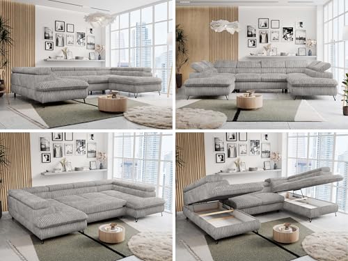 MKS MEBLE Cord Sofa U-Form Grau, Wohnlandschaft U-Form, Sofa mit Schlaffunktion und Bettkasten, Schlafsofa mit Bettkasten, Couch mit Verstellbare Kopfstützen - Peter U - Grau Cord von MKS MEBLE