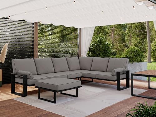 MKS MEBLE Gartenmöbel Metall wetterfest, Outdoor Möbel Sitzgruppe, Gartenmöbel Set 6 Personen, Lounge Ecksofa Outdoor 5 Sitzer, Gartenlounge Set mit Esstisch, Lounge Hocker Garten, Hellgrau- ELBA 4 von MKS MEBLE