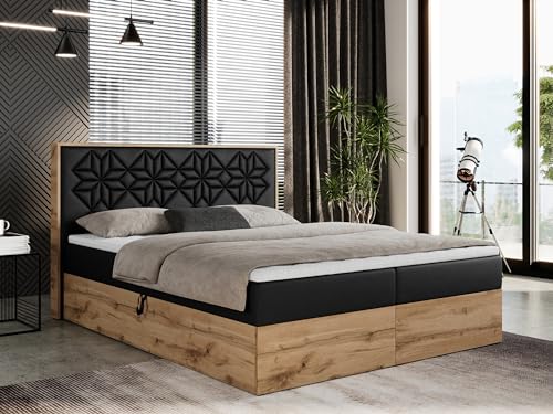 MKS MEBLE Boxspringbett 180x200 mit Bettkasten, Polsterbett 180x200 mit Matratze H4, Boxspringbett 180x200 mit Kopfteil, Boxspringbett mit Massivholz - Nessi - Schwarz Kunstleder - H4 von MKS MEBLE