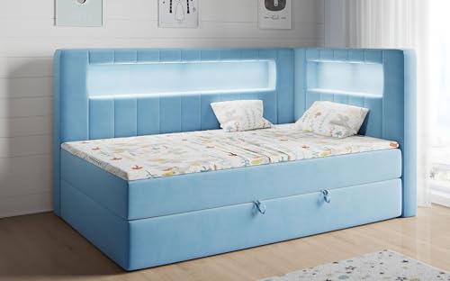 MKS MEBLE Kinderbett mit Led, Boxspringbett 90x200 mit Led, Einzelbett mit Bettkasten und Topper, Kinderbett mit Matratze und Stauraum - Gold 3 Junior - Blau - Rechts MKS MEBLE Kinderbett mit Led, Boxspringbett 90x200 mit Led, Einzelbett mit Bettkasten und Topper, Kinderbett mit Matratze und Stauraum - Gold 3 Junior - Blau - Rechts von MKS MEBLE