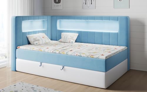 MKS MEBLE Kinderbett mit Led, Boxspringbett 90x200 mit Led, Einzelbett 90x200 mit Bettkasten und Topper, Kinderbett 90x200 mit Matratze und Stauraum - Gold 3 Junior - Blau und Weiß - Links MKS MEBLE Kinderbett mit Led, Boxspringbett 90x200 mit Led, Einzelbett 90x200 mit Bettkasten und Topper, Kinderbett 90x200 mit Matratze und Stauraum - Gold 3 Junior - Blau und Weiß - Links von MKS MEBLE
