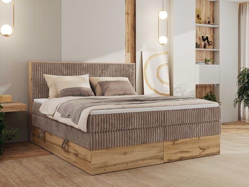 MKS MEBLE King Boxspringbett 140x200 Mit Bettkasten Eiche, Polsterbett Mit Matratze H3, Bett Mit Kopfteil und Holzrahmen in Wotan Eiche - Braun Cord - Wood Classic King von MKS MEBLE