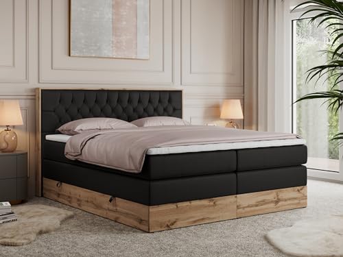 MKS MEBLE King Boxspringbett 140x200 Mit Bettkasten Eiche, Polsterbett Mit Matratze H3, Kopfteil, Holzrahmen in Wotan Eiche - Schwarz Kunstleder - Amore King von MKS MEBLE