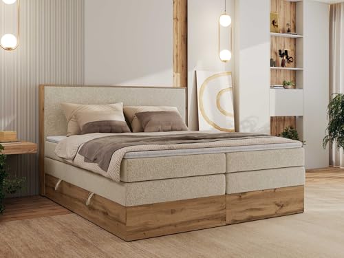 MKS MEBLE King Boxspringbett 140x200 Mit Bettkasten Eiche, Polsterbett Mit Matratze H4, Bett Mit Kopfteil und Holzrahmen in Wotan Eiche - Creme Strukture - Wood Classic King MKS MEBLE King Boxspringbett 140x200 Mit Bettkasten Eiche, Polsterbett Mit Matratze H4, Bett Mit Kopfteil und Holzrahmen in Wotan Eiche - Creme Strukture - Wood Classic King von MKS MEBLE