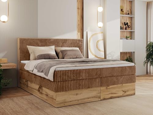 MKS MEBLE King Boxspringbett 140x200 Mit Bettkasten Eiche, Polsterbett Mit Matratze H4, Bett Mit Kopfteil und Holzrahmen in Wotan Eiche - Orange Cord - Wood Classic King MKS MEBLE King Boxspringbett 140x200 Mit Bettkasten Eiche, Polsterbett Mit Matratze H4, Bett Mit Kopfteil und Holzrahmen in Wotan Eiche - Orange Cord - Wood Classic King von MKS MEBLE