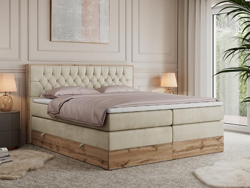 MKS MEBLE King Boxspringbett 140x200 Mit Bettkasten Eiche, Polsterbett Mit Matratze H3, Bett Mit Kopfteil Und Holzrahmen in Wotan Eiche - Beige Velvet - Amore King MKS MEBLE King Boxspringbett 140x200 Mit Bettkasten Eiche, Polsterbett Mit Matratze H3, Bett Mit Kopfteil Und Holzrahmen in Wotan Eiche - Beige Velvet - Amore King von MKS MEBLE
