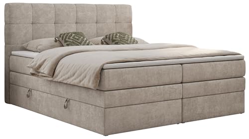 MKS MEBLE King Boxspringbett 160x200, Polsterbett 160x200 mit Bettkasten, Bett 160x200 mit Multipocket-Matratze H3, Boxspringbett 160x200 mit Kopfteil und Topper - H3 Beige Struktur - Luka von MKS MEBLE