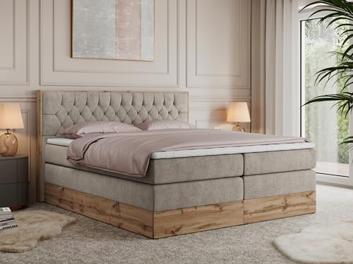 MKS MEBLE King Boxspringbett 160x200 Mit Bettkasten Eiche, Polsterbett Mit Matratze H4, Bett Mit Kopfteil Und Holzrahmen in Wotan Eiche - Beige Struktur - Amore King von MKS MEBLE