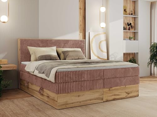 MKS MEBLE King Boxspringbett 160x200 Mit Bettkasten Eiche, Polsterbett Mit Matratze H4, Bett Mit Kopfteil und Holzrahmen in Wotan Eiche - Rosa Cord - Wood Classic King von MKS MEBLE