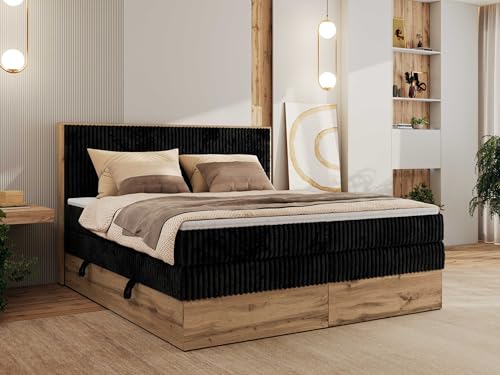 MKS MEBLE King Boxspringbett 160x200 Mit Bettkasten Eiche, Polsterbett Mit Matratze H4, Bett Mit Kopfteil und Holzrahmen in Wotan Eiche - Schwarz Cord - Wood Classic King MKS MEBLE King Boxspringbett 160x200 Mit Bettkasten Eiche, Polsterbett Mit Matratze H4, Bett Mit Kopfteil und Holzrahmen in Wotan Eiche - Schwarz Cord - Wood Classic King von MKS MEBLE