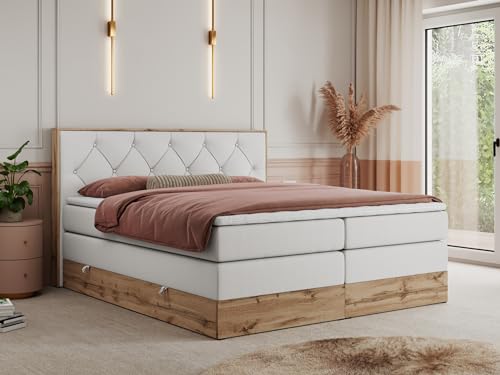 MKS MEBLE King Boxspringbett 160x200 mit Bettkasten Eiche, Polsterbett 160x200 mit Matratze H3, Bett 160x200 mit Kopfteil, Bett mit Holzrahmen in Wotan Eiche - Weiß Kunstleder - Veneto King MKS MEBLE King Boxspringbett 160x200 mit Bettkasten Eiche, Polsterbett 160x200 mit Matratze H3, Bett 160x200 mit Kopfteil, Bett mit Holzrahmen in Wotan Eiche - Weiß Kunstleder - Veneto King von MKS MEBLE