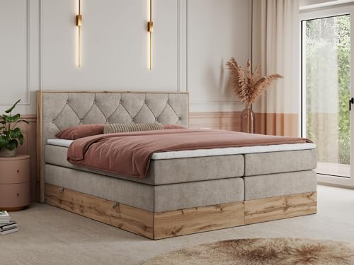 MKS MEBLE King Boxspringbett 160x200 mit Bettkasten Eiche, Polsterbett 160x200 mit Matratze H4, Bett 160x200 mit Kopfteil, Bett mit Holzrahmen in Wotan Eiche - Beige Struktur - Veneto King MKS MEBLE King Boxspringbett 160x200 mit Bettkasten Eiche, Polsterbett 160x200 mit Matratze H4, Bett 160x200 mit Kopfteil, Bett mit Holzrahmen in Wotan Eiche - Beige Struktur - Veneto King von MKS MEBLE