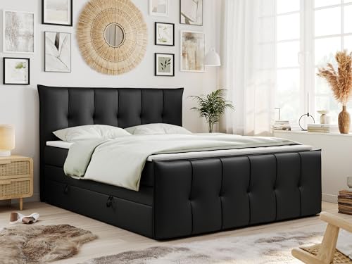 MKS MEBLE King Boxspringbett 180x200, Boxspringbett 180x200 mit Bettkasten und Matratze H3, Polsterbett 180x200 mit Matratze, Bett 180x200 mit Bettkasten - PREMIUM-11-KING- Schwarz Kunstleder - H3 von MKS MEBLE