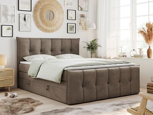 MKS MEBLE King Boxspringbett 180x200, Boxspringbett 180x200 mit Bettkasten und Matratze H4, Polsterbett 180x200 mit Matratze, Bett 180x200 mit Bettkasten - PREMIUM-11-KING- Braun Velvet - H4 von MKS MEBLE