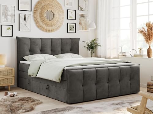 MKS MEBLE King Boxspringbett 180x200, Boxspringbett 180x200 mit Bettkasten und Matratze H4, Polsterbett 180x200 mit Matratze, Bett 180x200 mit Bettkasten - PREMIUM-11-KING- Grau Velvet - H4 von MKS MEBLE