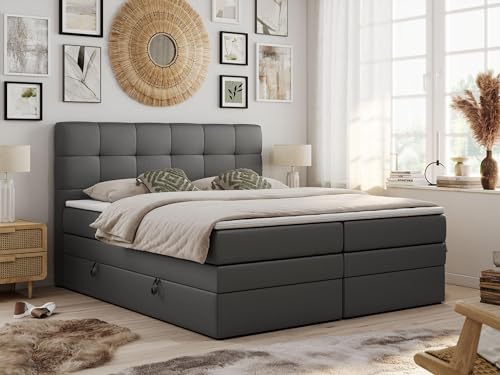 MKS MEBLE King Boxspringbett Grau 180x200 Mit Bettkasten, Polsterbett Mit Multipocket-Matratze H4, Kopfteil und Topper - Dunkelgrau Kunstleder - Luka von MKS MEBLE