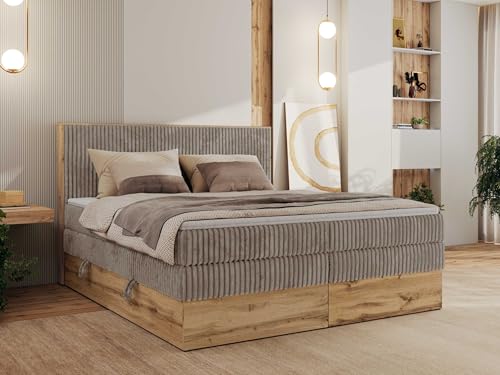 MKS MEBLE King Boxspringbett 180x200 Mit Bettkasten Eiche, Polsterbett Mit Matratze H4, Bett Mit Kopfteil und Holzrahmen in Wotan Eiche - Hellbraun Cord - Wood Classic King von MKS MEBLE